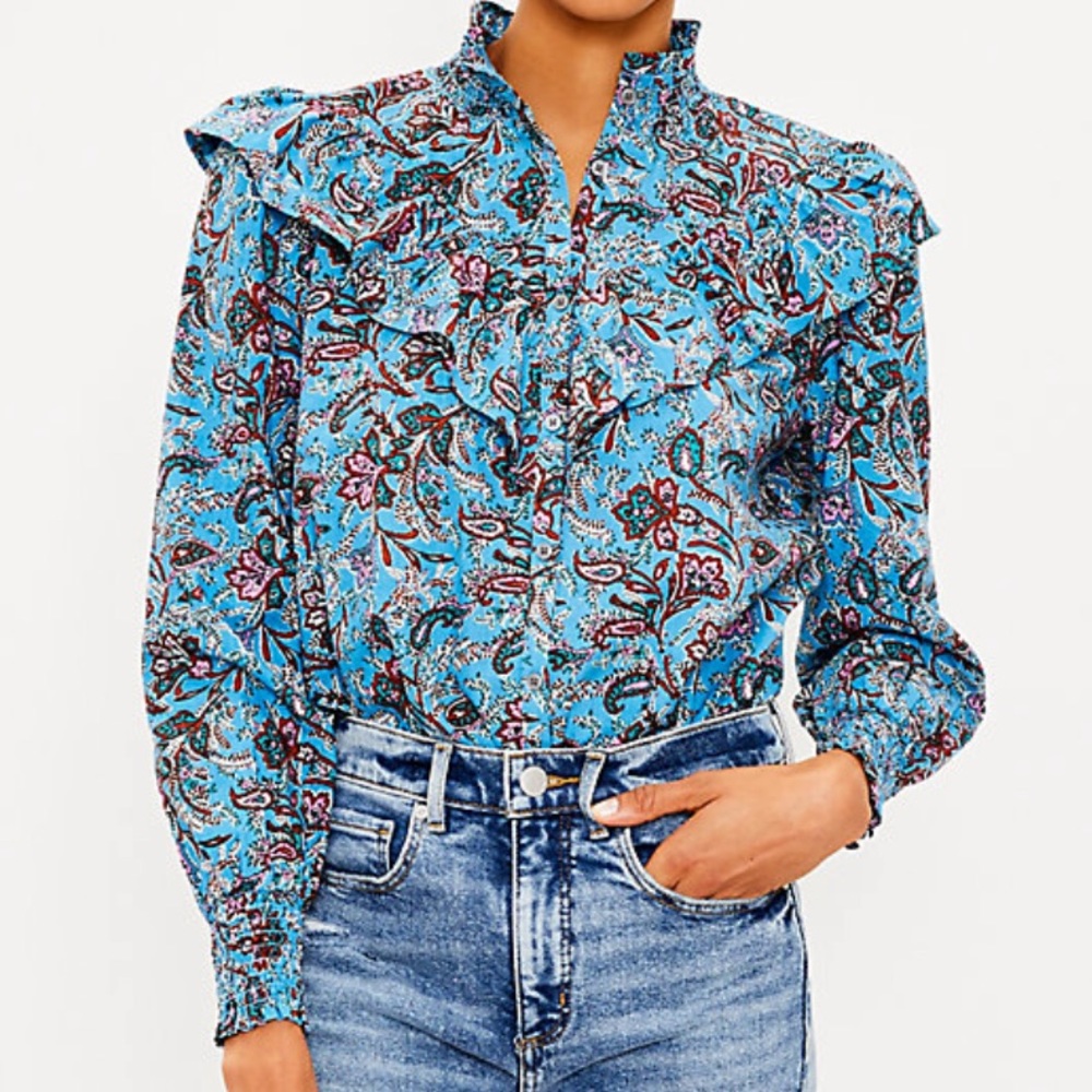 LOFT Bouquet Ruffle Yoke Shirt size M